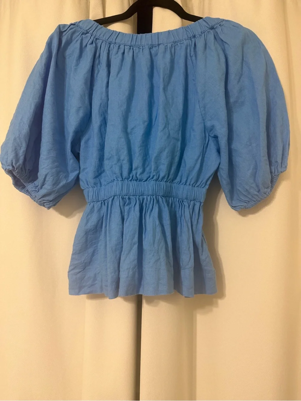 Abercrombie & Fitch Blue Puff-Sleeve Plunge V-Neck Linen Blend Peplum Top S